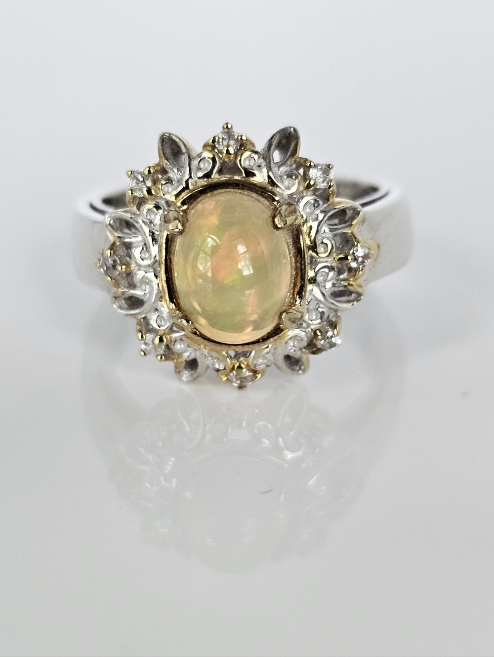 Gems En Vogue Ethiopian Opal & Zircon Ring 18k Palladium Sterling Silver Size 8!